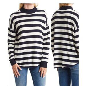 Madewell S Navy White Stripe Mock Neck Sweater Wool Alpaca Blend Preppy